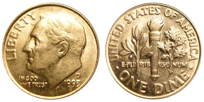 1993-P Roosevelt dime obverse and reverse showing mint mark location and torch detail