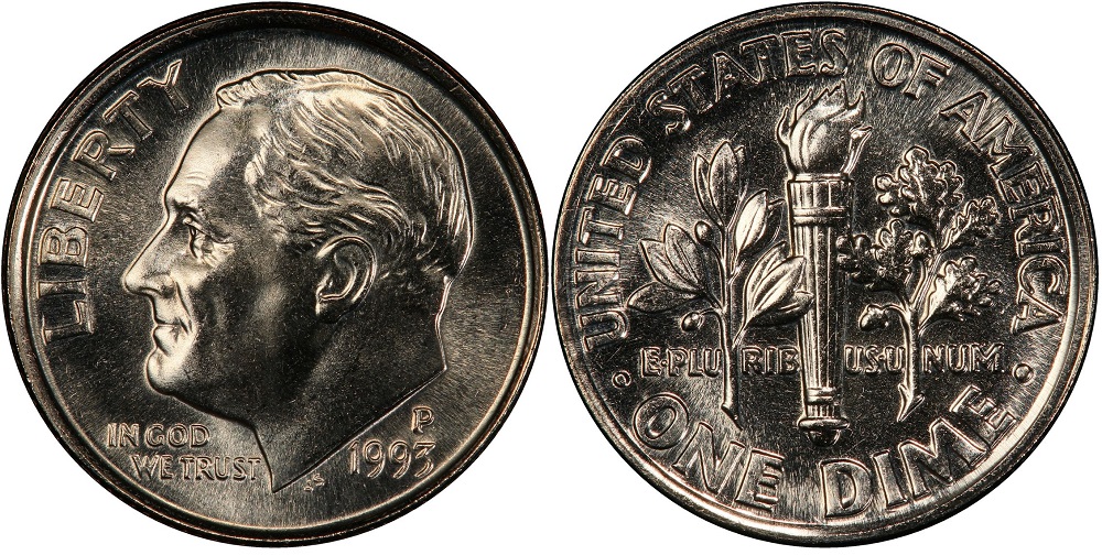 Side-by-side comparison of 1993 dime without Full Bands vs. with Full Bands on the reverse torch
