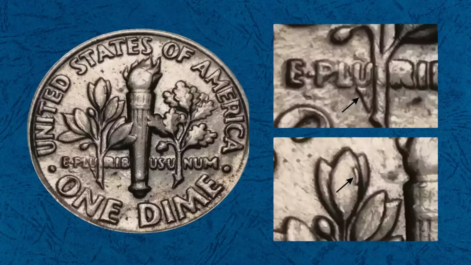 1993 dime die break cud error showing raised blob of metal at the coin rim
