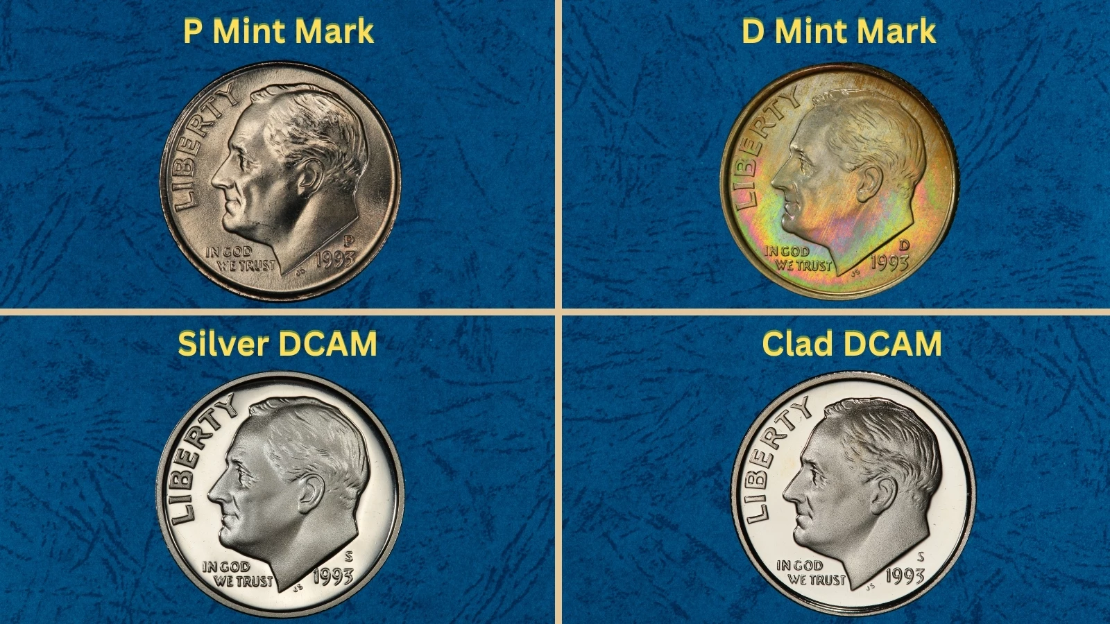 Group of 1993 Roosevelt dimes from all four mint varieties arranged together showing P, D, S clad and S silver proof