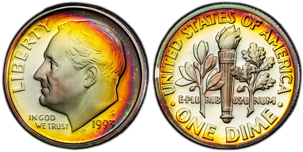 1993 Roosevelt dime grading strip showing four coins from worn Good condition through gem Uncirculated MS65